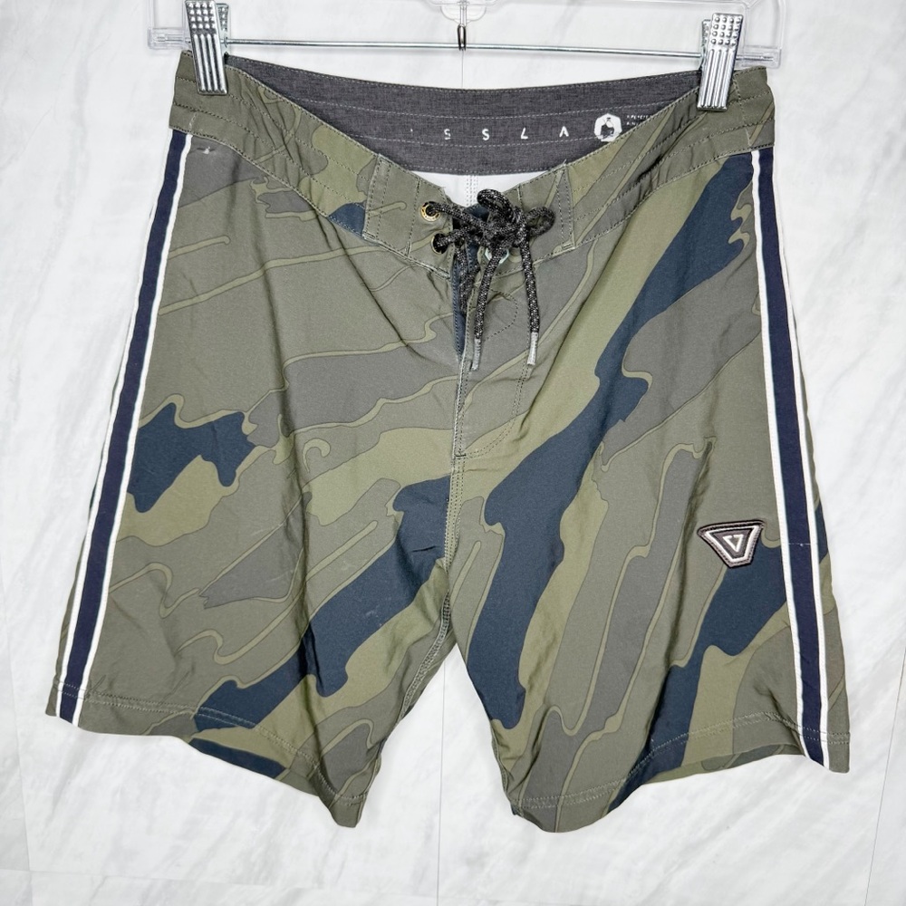 VISSLA Green and Black Board Shorts with Camouflage Design